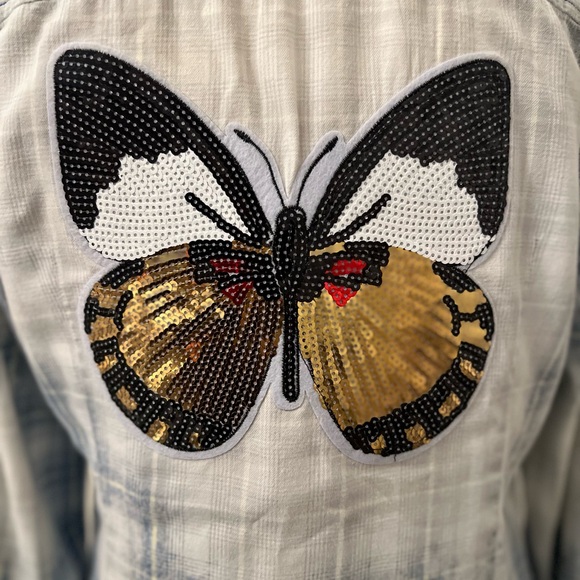 NWT womens Sissy Gypsy sequin butterfly cotton button front shirt Size Large - Picture 3 of 9